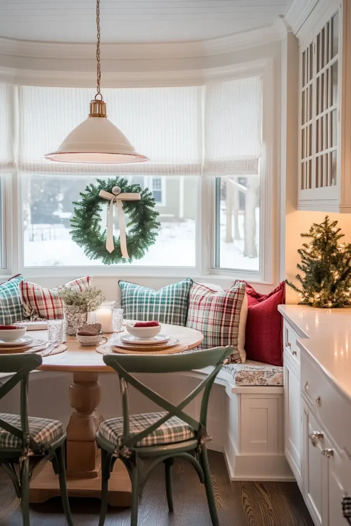 Christmas-decorated breakfast nook with festive elements