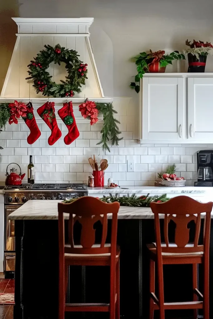 Christmas stockings hanging in kitchen with festive decorations