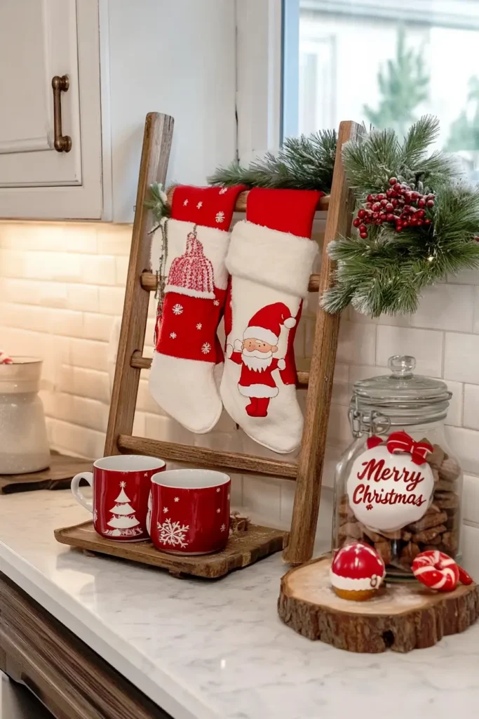 Rustic ladder display with Christmas decorations