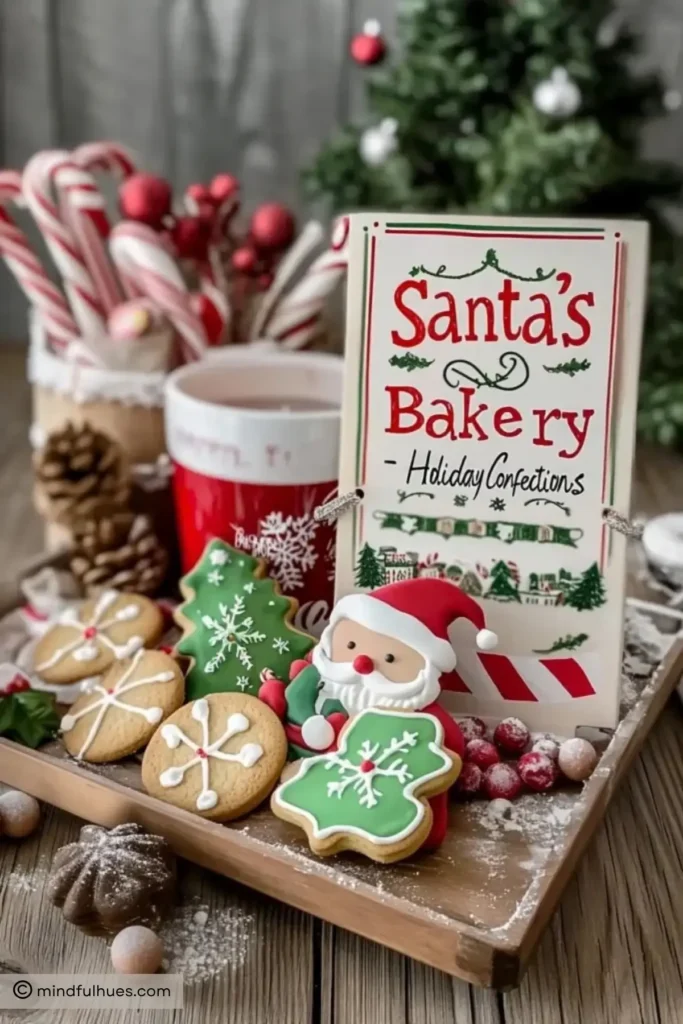 Santa's Bakery station with Christmas cookies and decorations